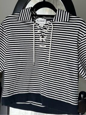 ALIGNE Black & White Striped Lace-Up Polo Top